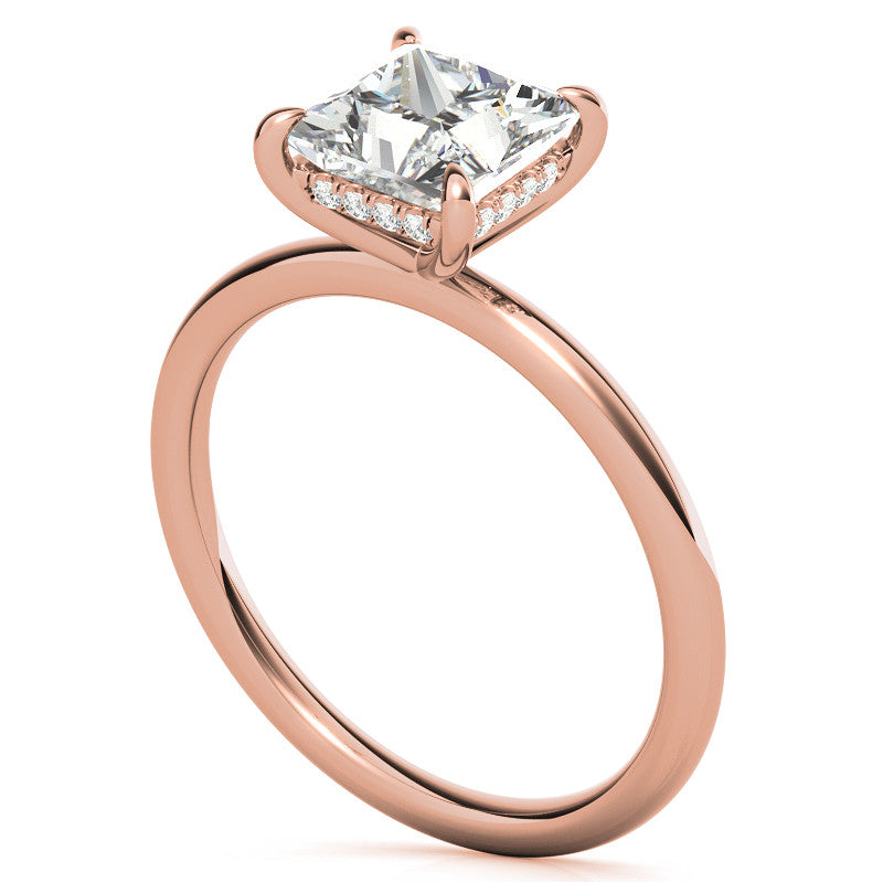 Princess Moissanite Solitaire Ring with Hidden Halo and Plain Band
