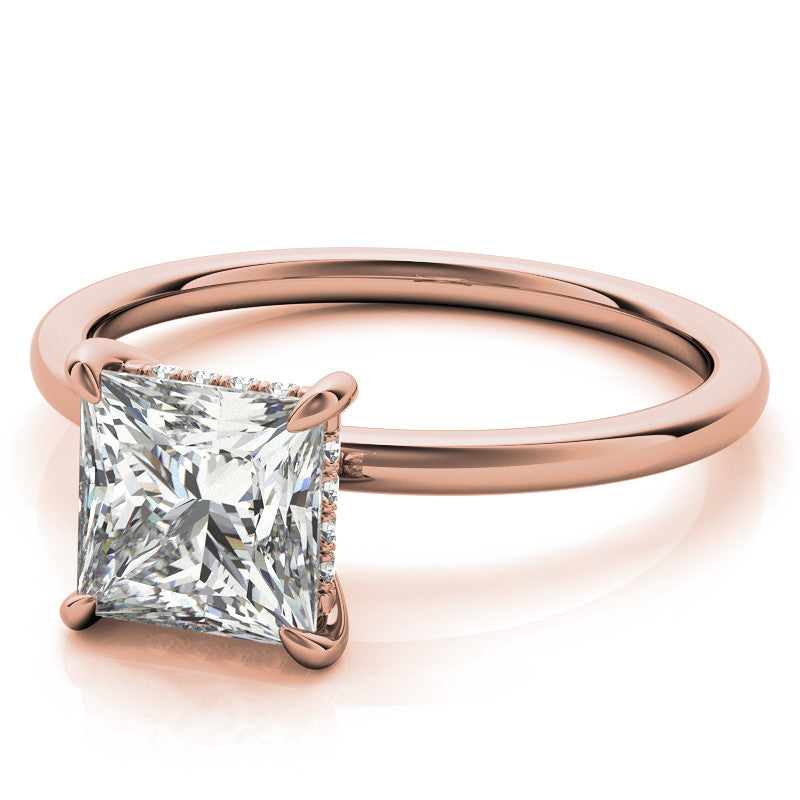 Princess Moissanite Solitaire Ring with Hidden Halo and Plain Band