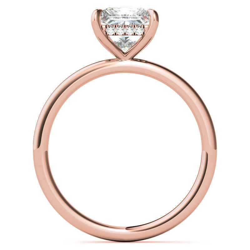 Princess Moissanite Solitaire Ring with Hidden Halo and Plain Band