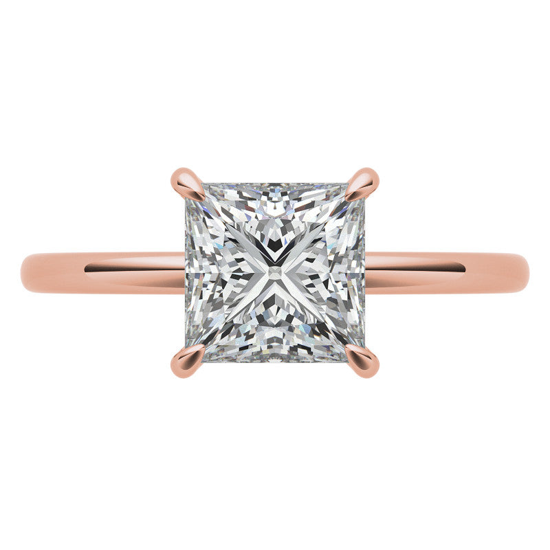 Princess Moissanite Solitaire Ring with Hidden Halo and Plain Band