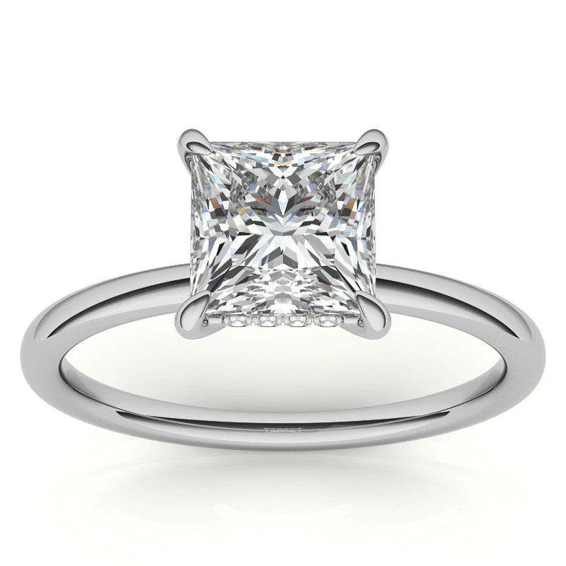 Princess Moissanite Solitaire Ring with Hidden Halo and Plain Band