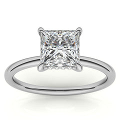 Princess Moissanite Solitaire Ring with Hidden Halo and Plain Band