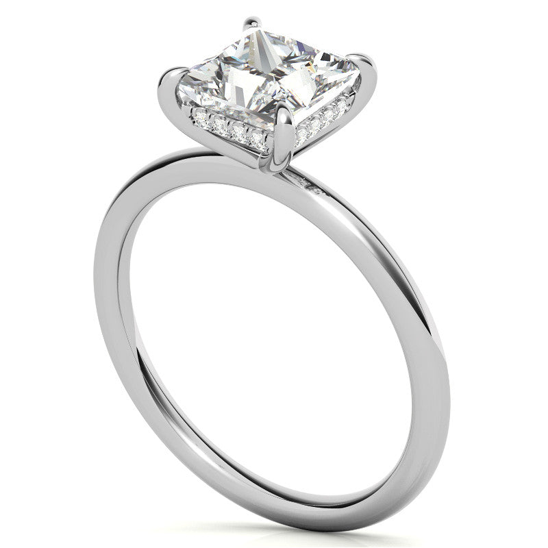 Princess Moissanite Solitaire Ring with Hidden Halo and Plain Band
