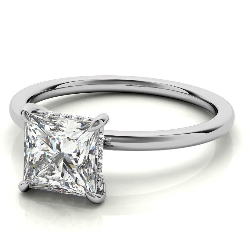 Princess Moissanite Solitaire Ring with Hidden Halo and Plain Band