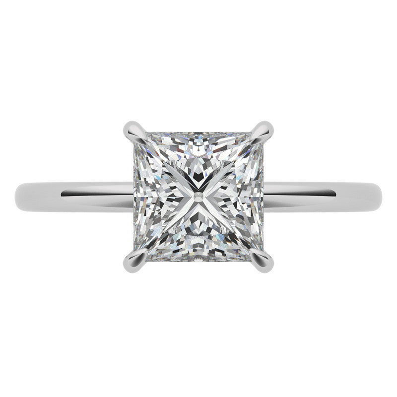 Princess Moissanite Solitaire Ring with Hidden Halo and Plain Band