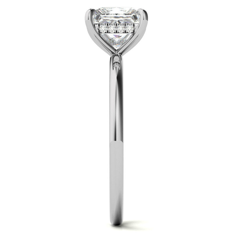 Princess Moissanite Solitaire Ring with Hidden Halo and Plain Band