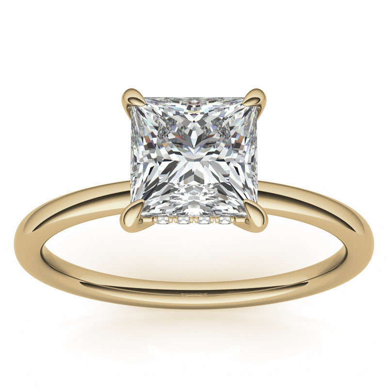 Princess Moissanite Solitaire Ring with Hidden Halo and Plain Band
