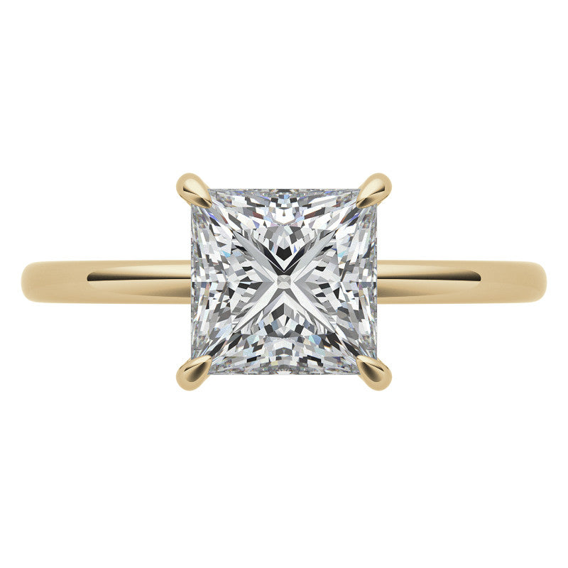 Princess Moissanite Solitaire Ring with Hidden Halo and Plain Band