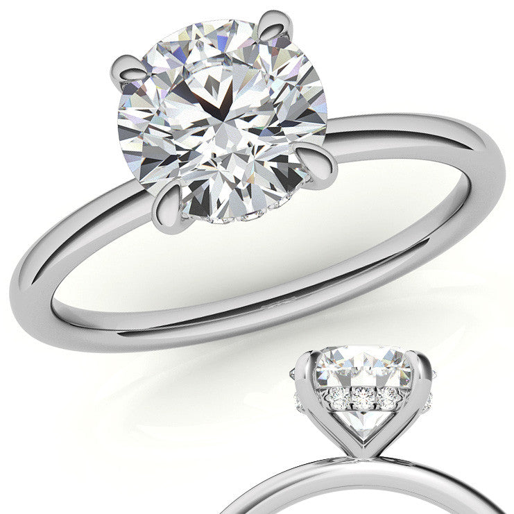 Round Brilliant Moissanite Solitaire Ring with Hidden Halo and Plain Band
