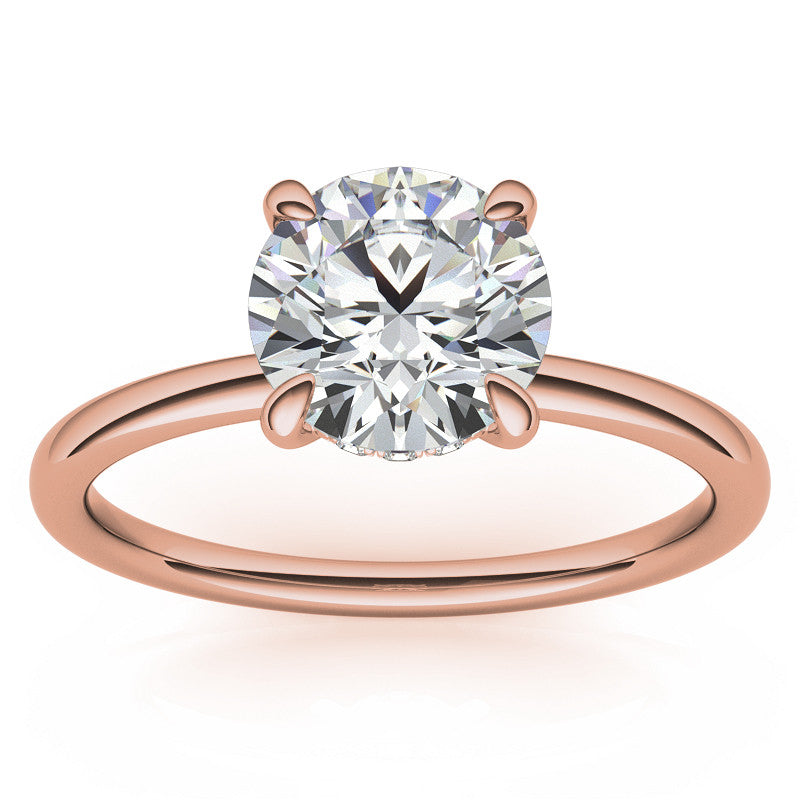 Round Brilliant Moissanite Solitaire Ring with Hidden Halo and Plain Band