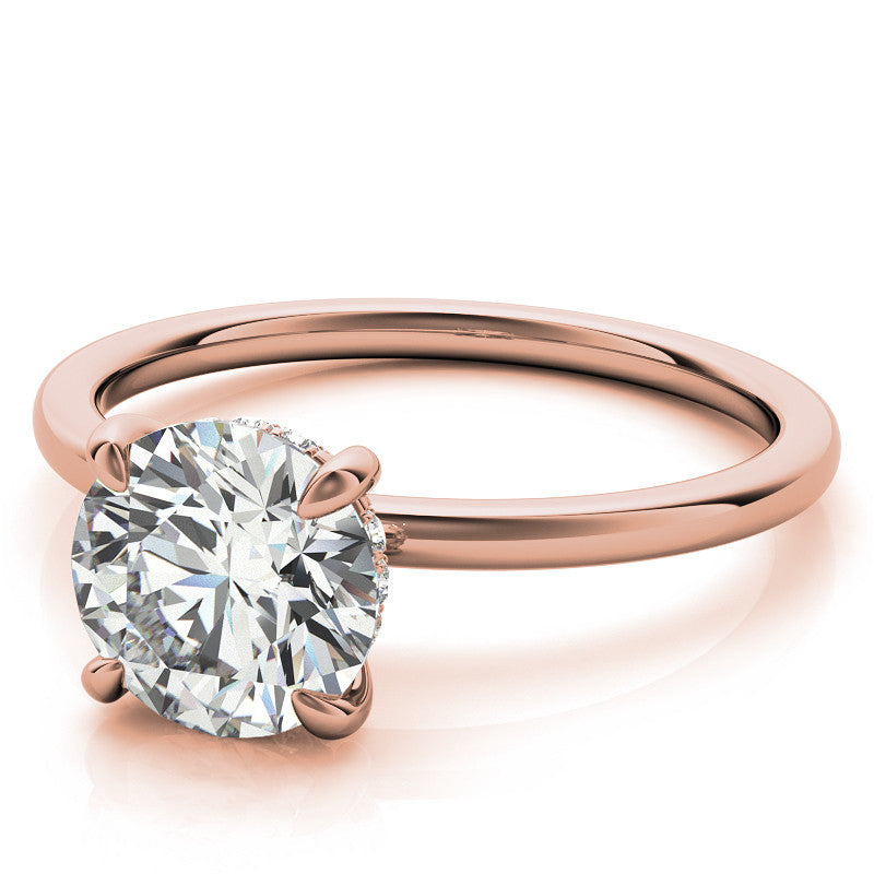 Round Brilliant Moissanite Solitaire Ring with Hidden Halo and Plain Band
