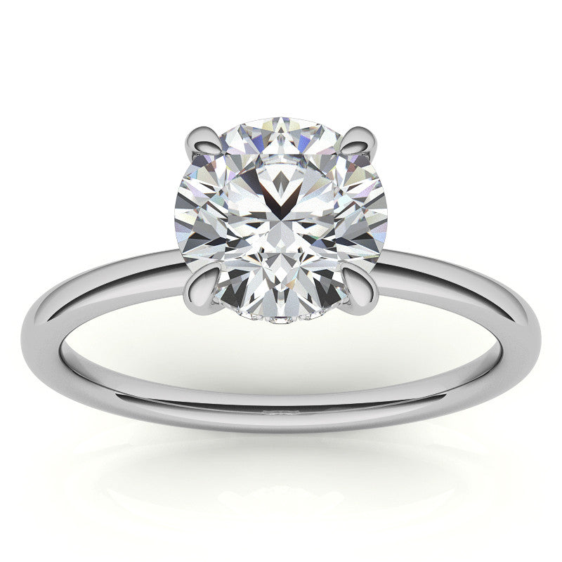 Round Brilliant Moissanite Solitaire Ring with Hidden Halo and Plain Band