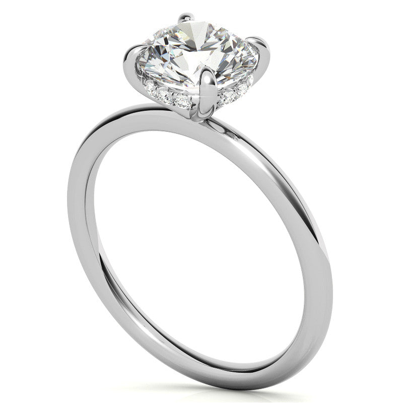 Round Brilliant Moissanite Solitaire Ring with Hidden Halo and Plain Band