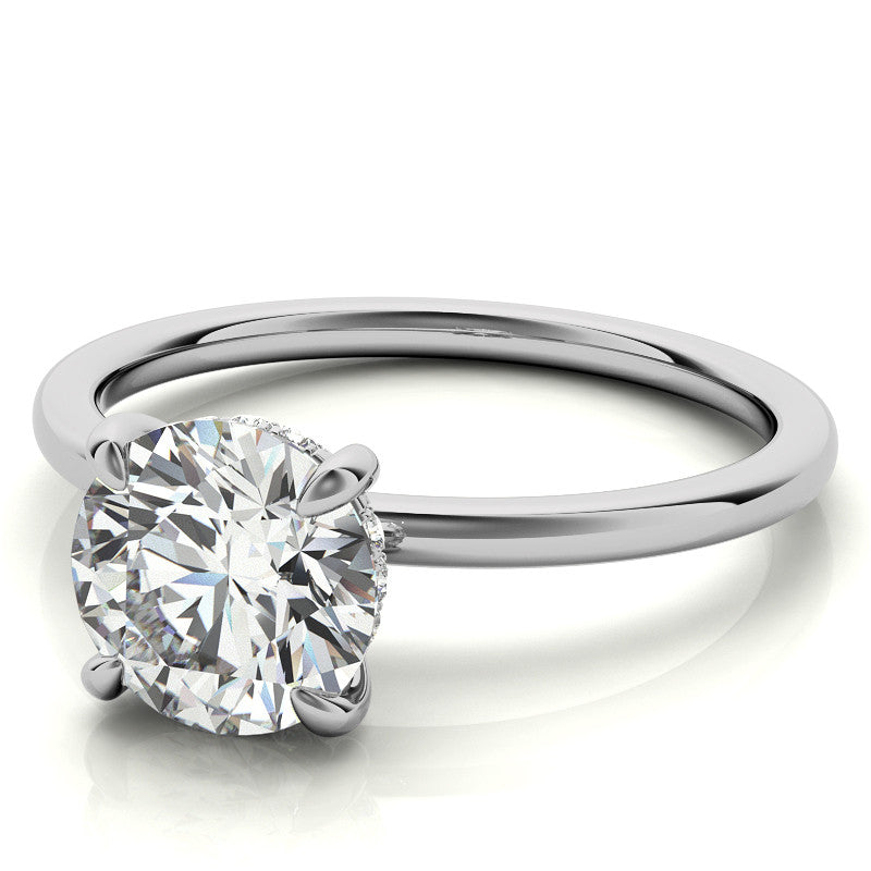 Round Brilliant Moissanite Solitaire Ring with Hidden Halo and Plain Band