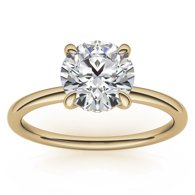 Round Brilliant Moissanite Solitaire Ring with Hidden Halo and Plain Band