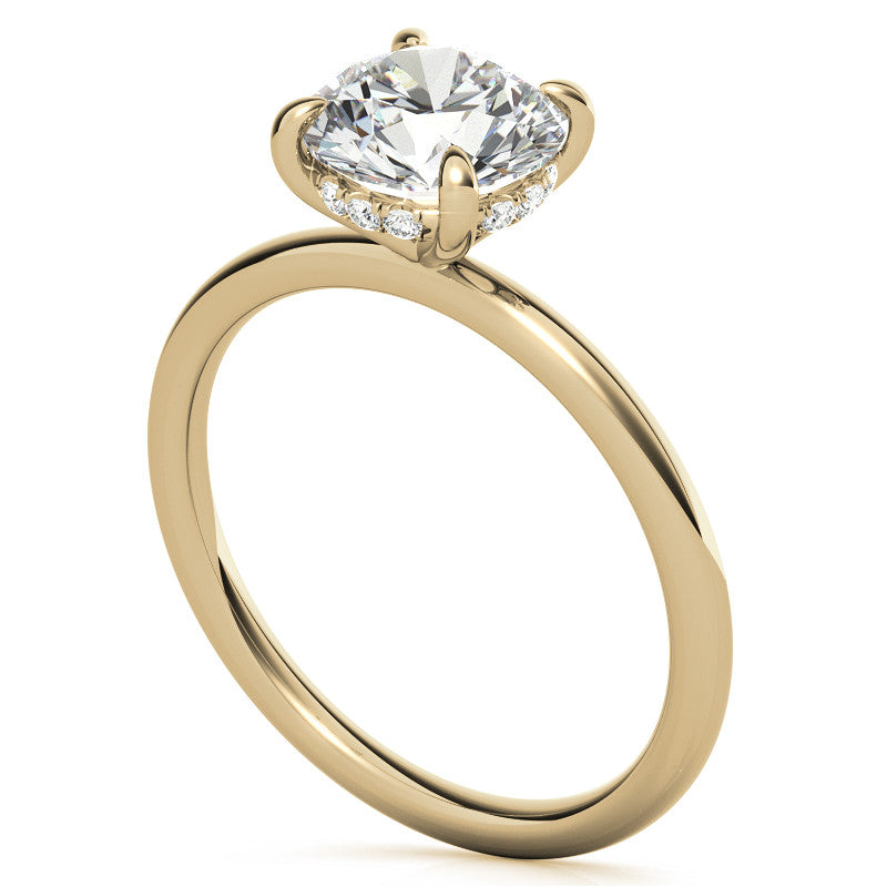 Round Brilliant Moissanite Solitaire Ring with Hidden Halo and Plain Band