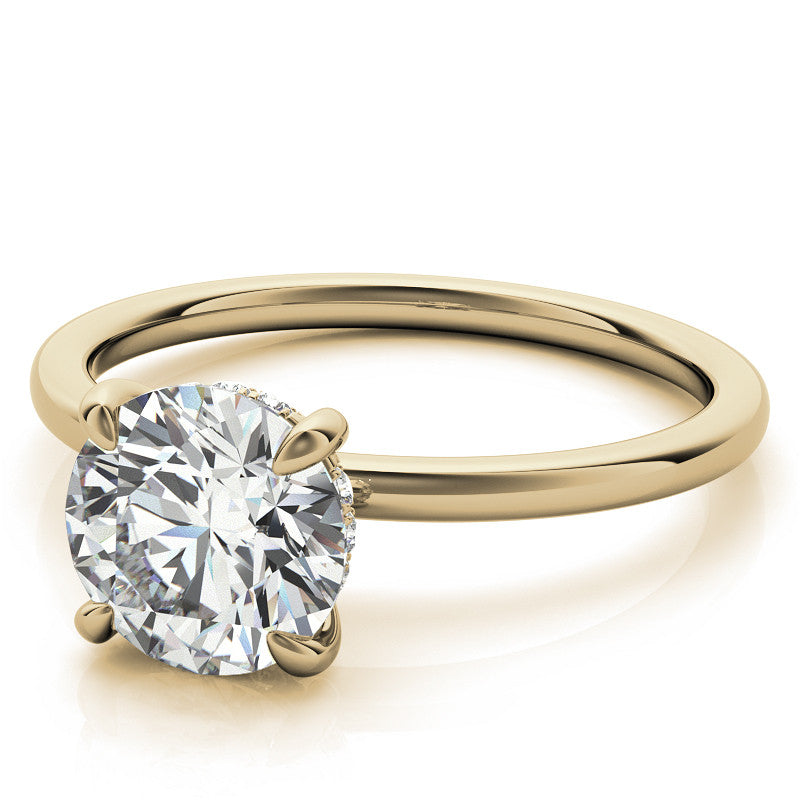 Round Brilliant Moissanite Solitaire Ring with Hidden Halo and Plain Band