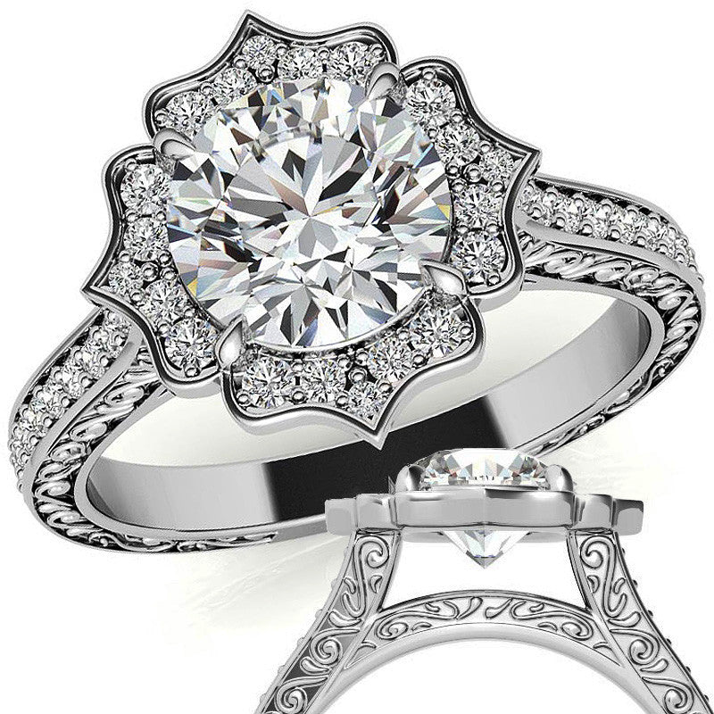 Round Floral Halo Antique Engraved Engagement Ring