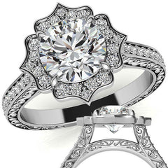 Round Floral Halo Antique Engraved Engagement Ring