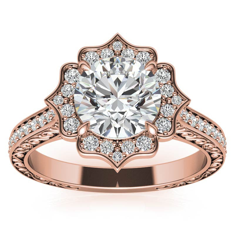 Round Floral Halo Antique Engraved Engagement Ring