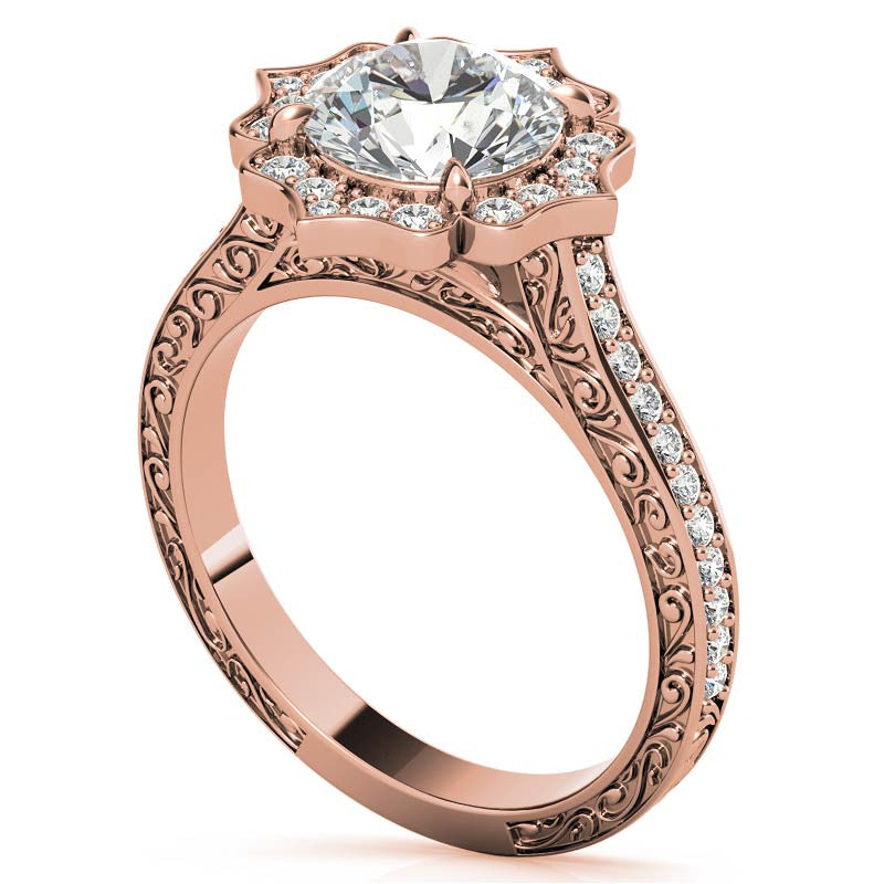 Round Floral Halo Antique Engraved Engagement Ring