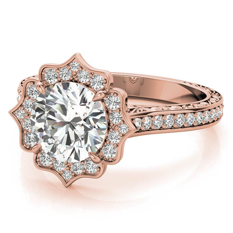 Round Floral Halo Antique Engraved Engagement Ring