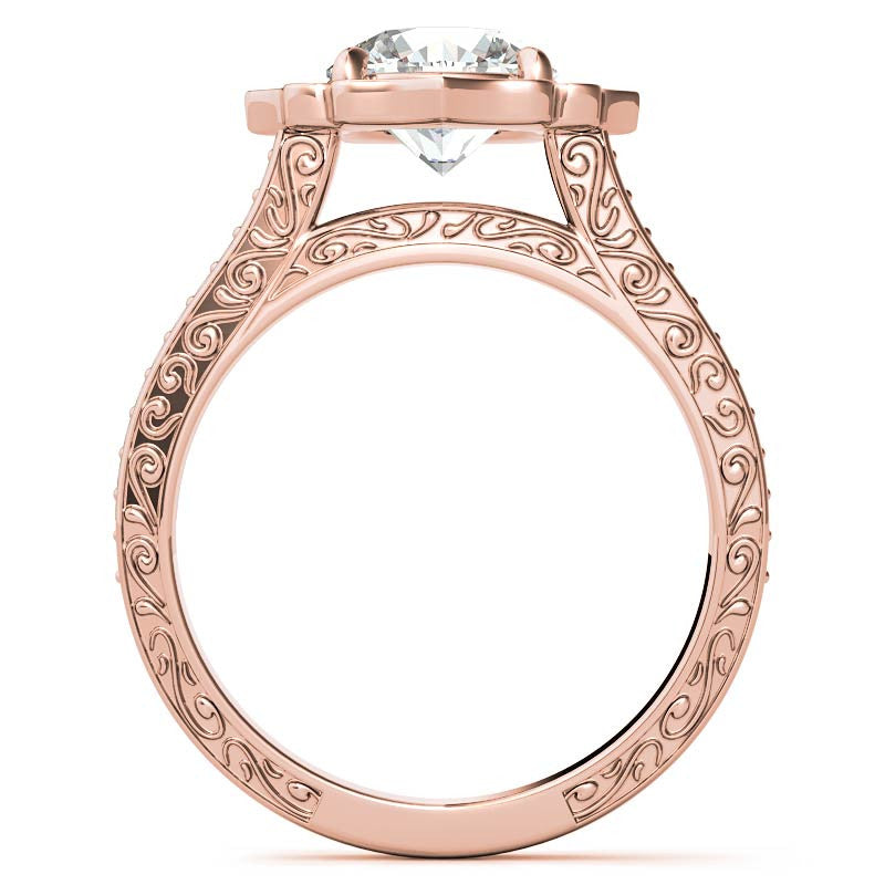 Round Floral Halo Antique Engraved Engagement Ring