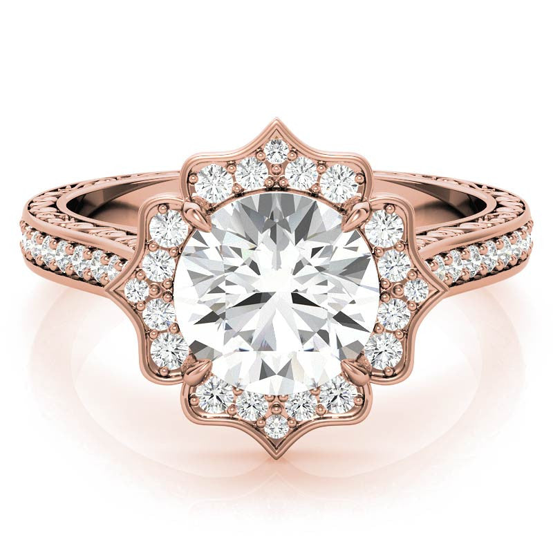 Round Floral Halo Antique Engraved Engagement Ring