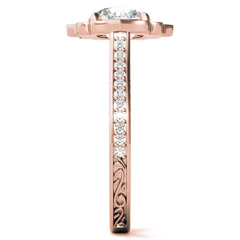 Round Floral Halo Antique Engraved Engagement Ring