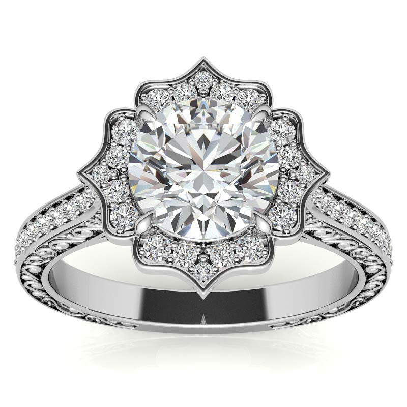 Round Floral Halo Antique Engraved Engagement Ring
