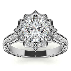 Round Floral Halo Antique Engraved Engagement Ring
