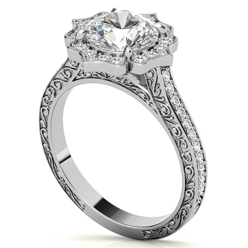 Round Floral Halo Antique Engraved Engagement Ring