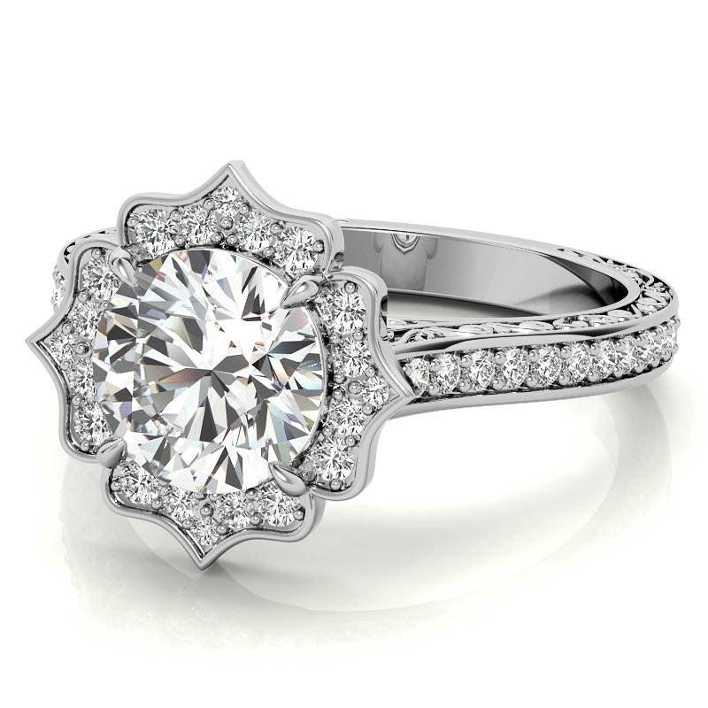 Round Floral Halo Antique Engraved Engagement Ring