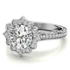 Round Floral Halo Antique Engraved Engagement Ring