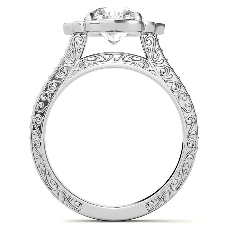 Round Floral Halo Antique Engraved Engagement Ring