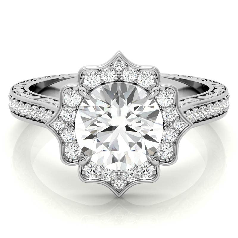 Round Floral Halo Antique Engraved Engagement Ring