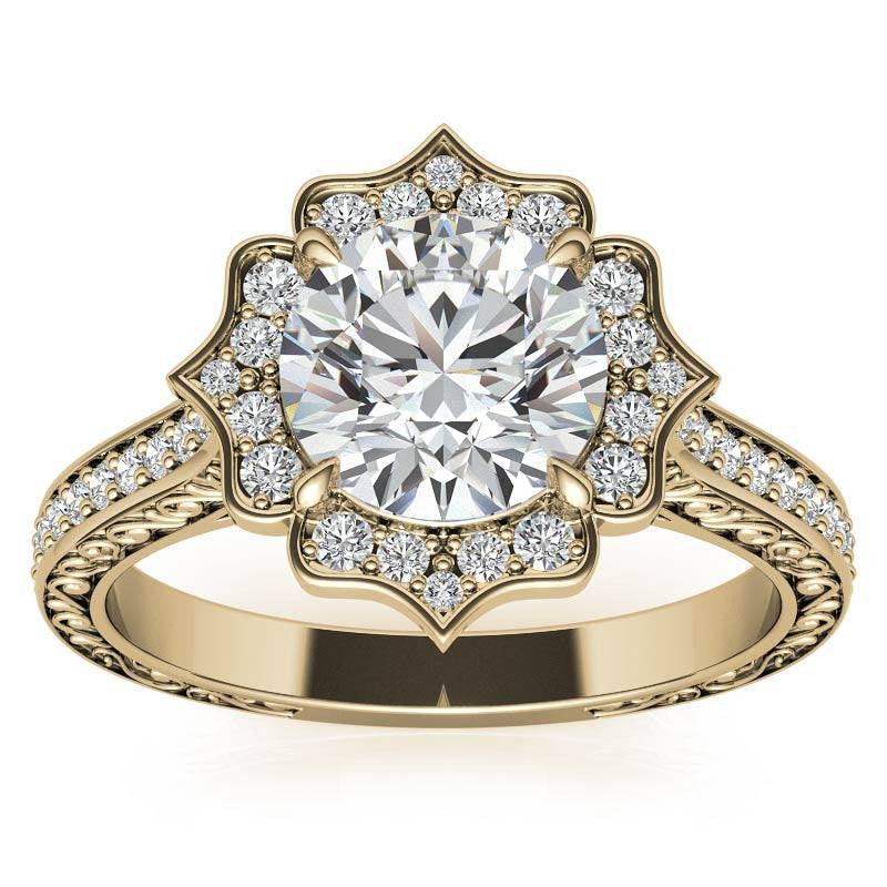 Round Floral Halo Antique Engraved Engagement Ring
