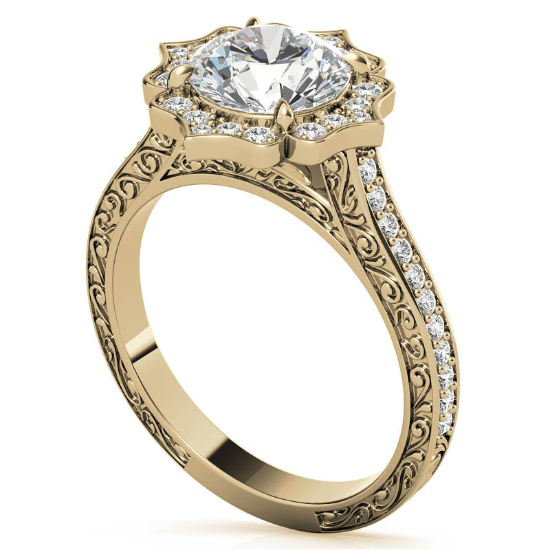 Round Floral Halo Antique Engraved Engagement Ring