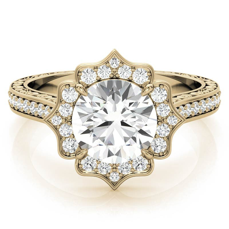 Round Floral Halo Antique Engraved Engagement Ring