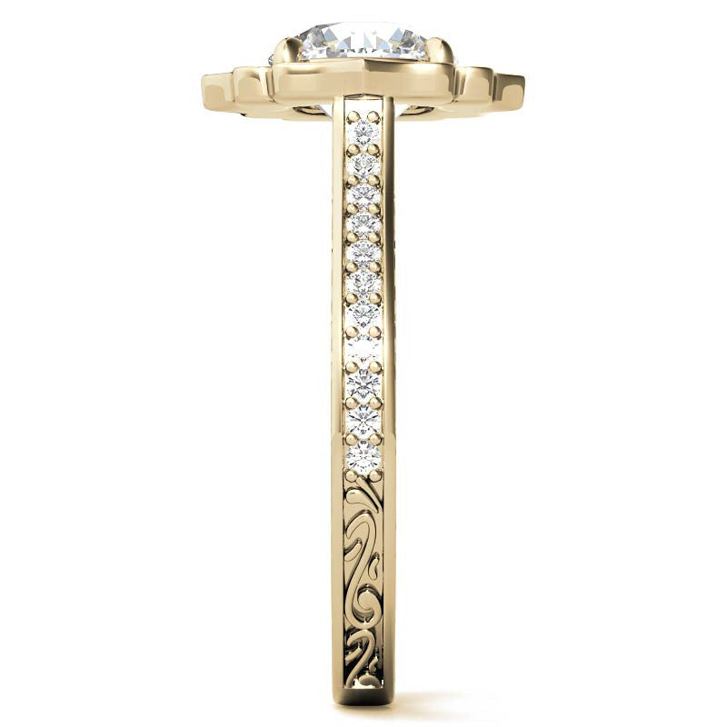 Round Floral Halo Antique Engraved Engagement Ring
