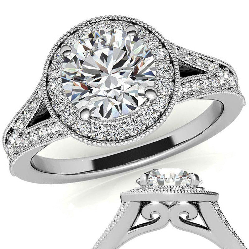 Round Split Shank Halo Engagement Ring with Milgrain