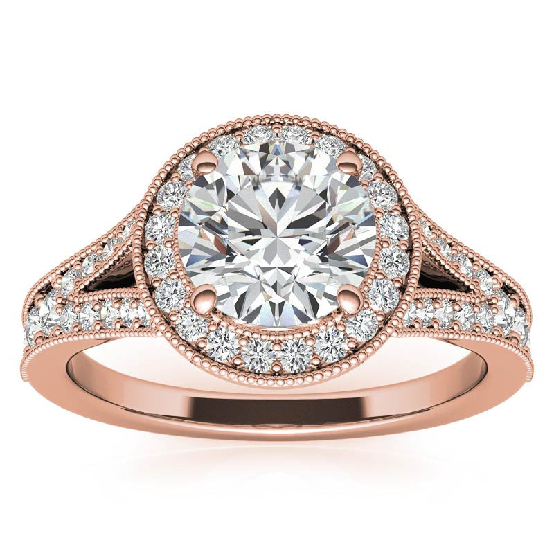 Round Split Shank Halo Engagement Ring with Milgrain