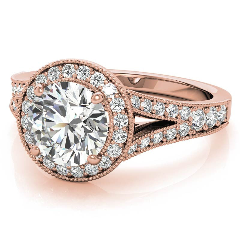 Round Split Shank Halo Engagement Ring with Milgrain