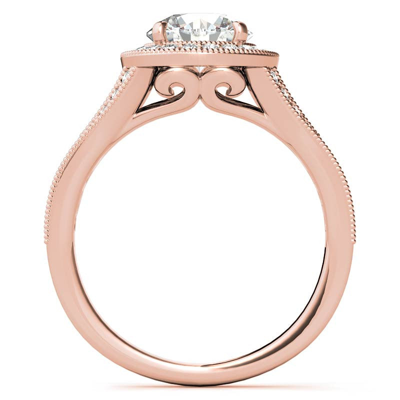 Round Split Shank Halo Engagement Ring with Milgrain