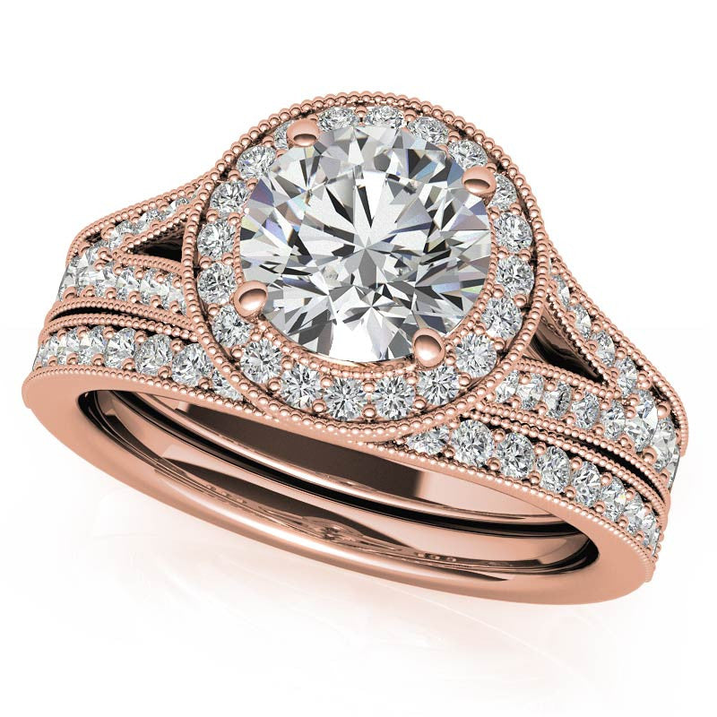Round Split Shank Halo Engagement Ring with Milgrain