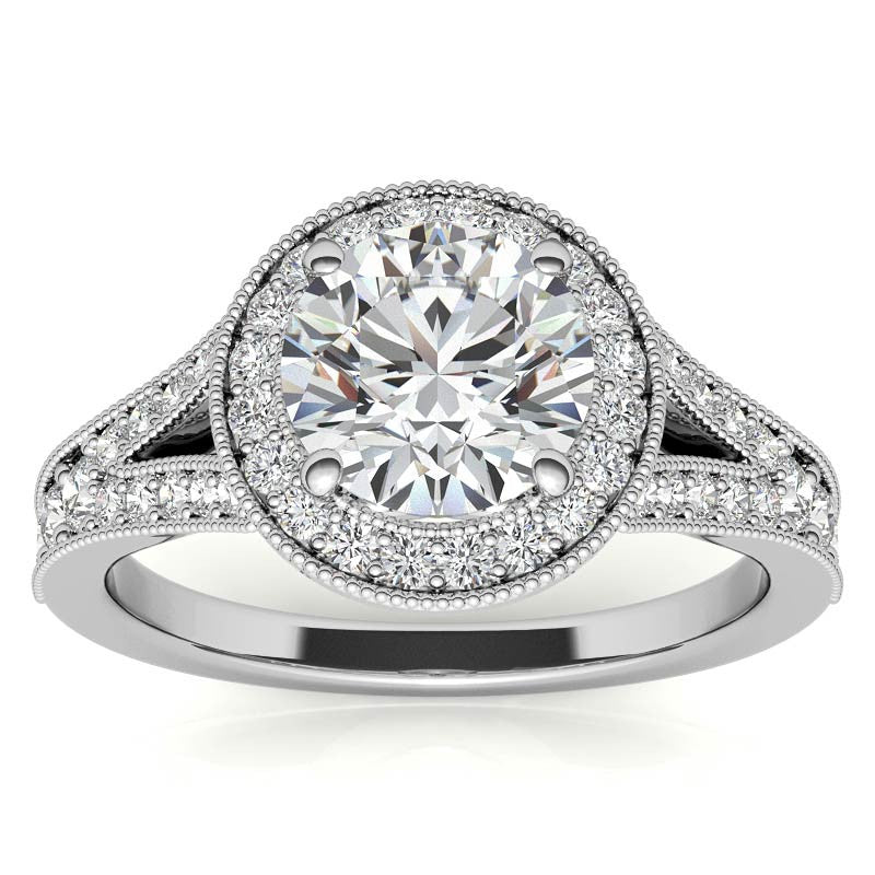 Round Split Shank Halo Engagement Ring with Milgrain