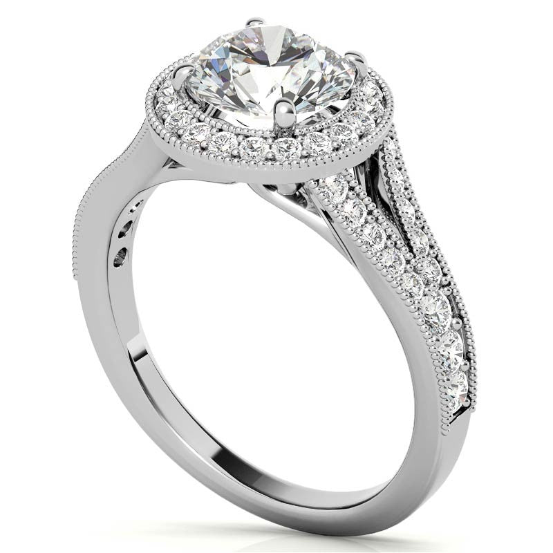 Round Split Shank Halo Engagement Ring with Milgrain
