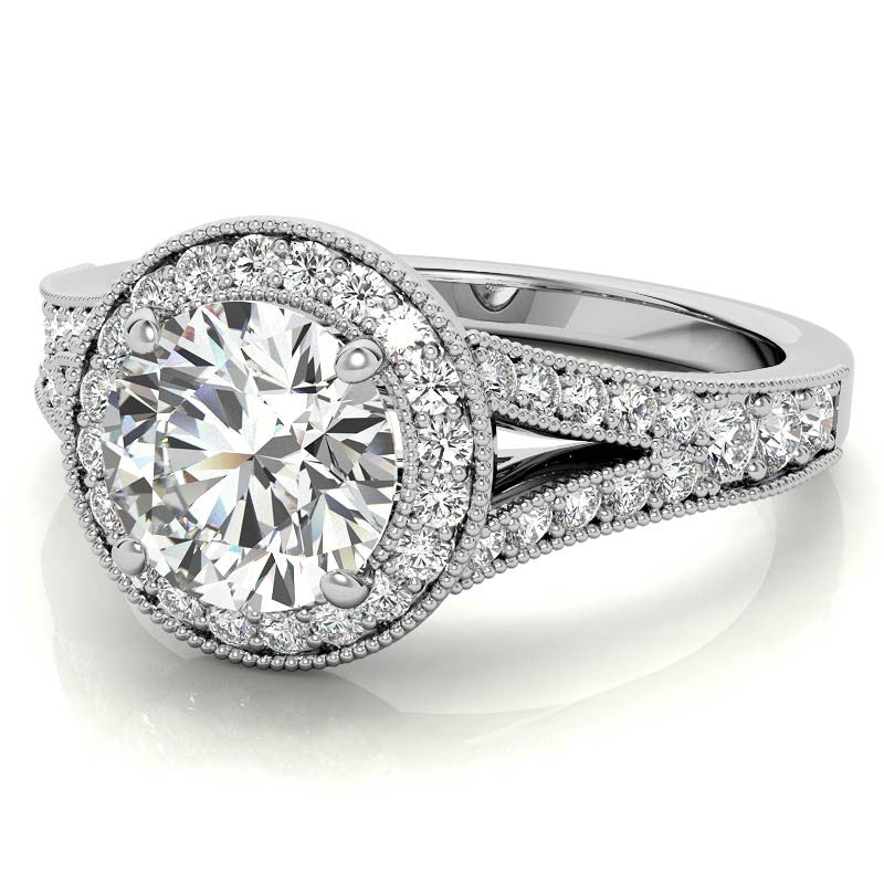Round Split Shank Halo Engagement Ring with Milgrain