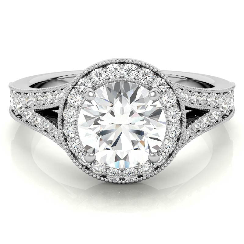 Round Split Shank Halo Engagement Ring with Milgrain