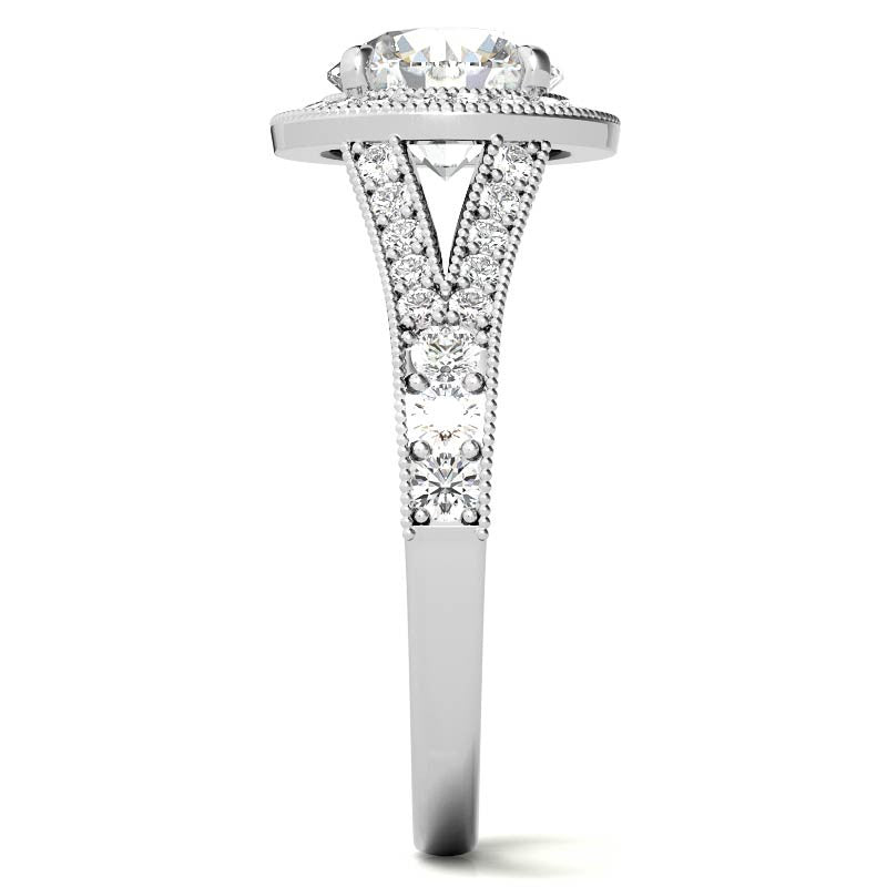 Round Split Shank Halo Engagement Ring with Milgrain
